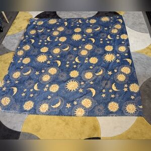 Vintage 90's Celestial Blue Yellow Gold Shower Curtain Sun Moon Stars